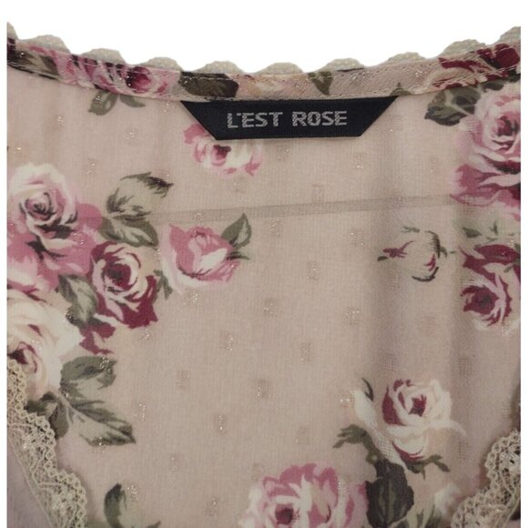 L'est Rose Floral Lace Trim Sheer Long Sleeve Babydoll Top Romantic Coqu… - Picture 5 of 8